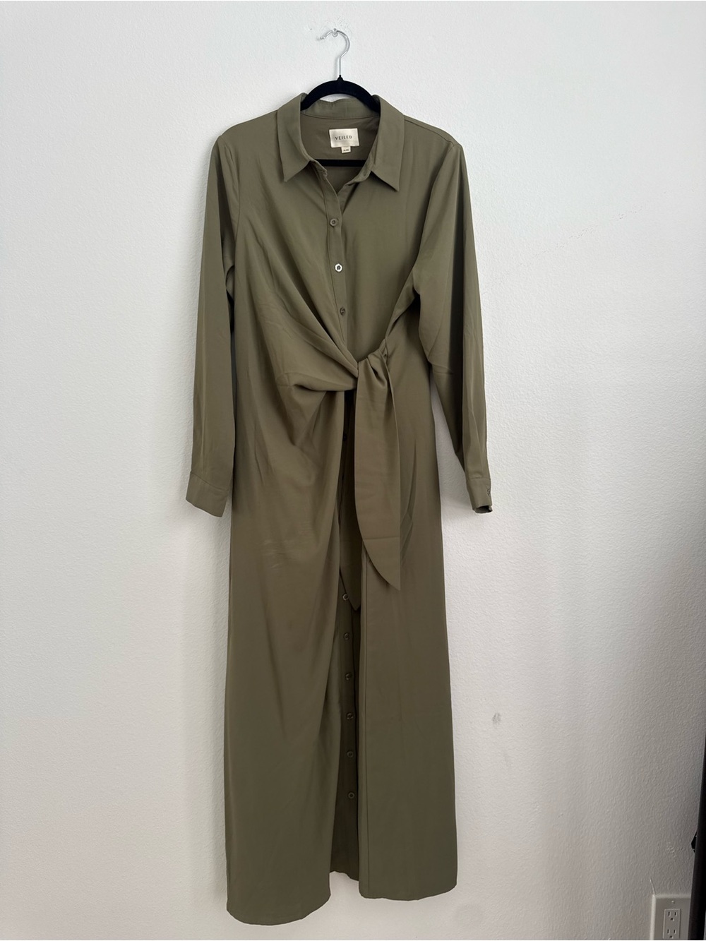 Knot-Front Maxi Shirt Dress in Olive